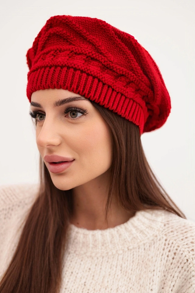 Women's winter wool hat with a loose fit and decorative weave K378 red