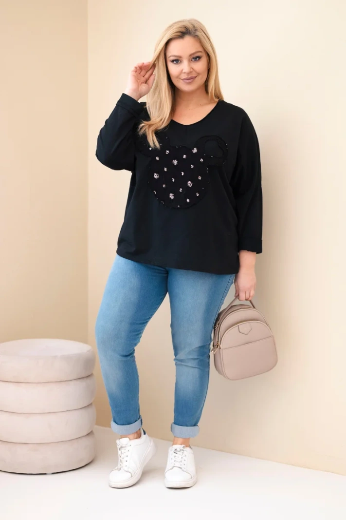 Dámská bavlněná blůza Plus Size s výstřihem do V černá