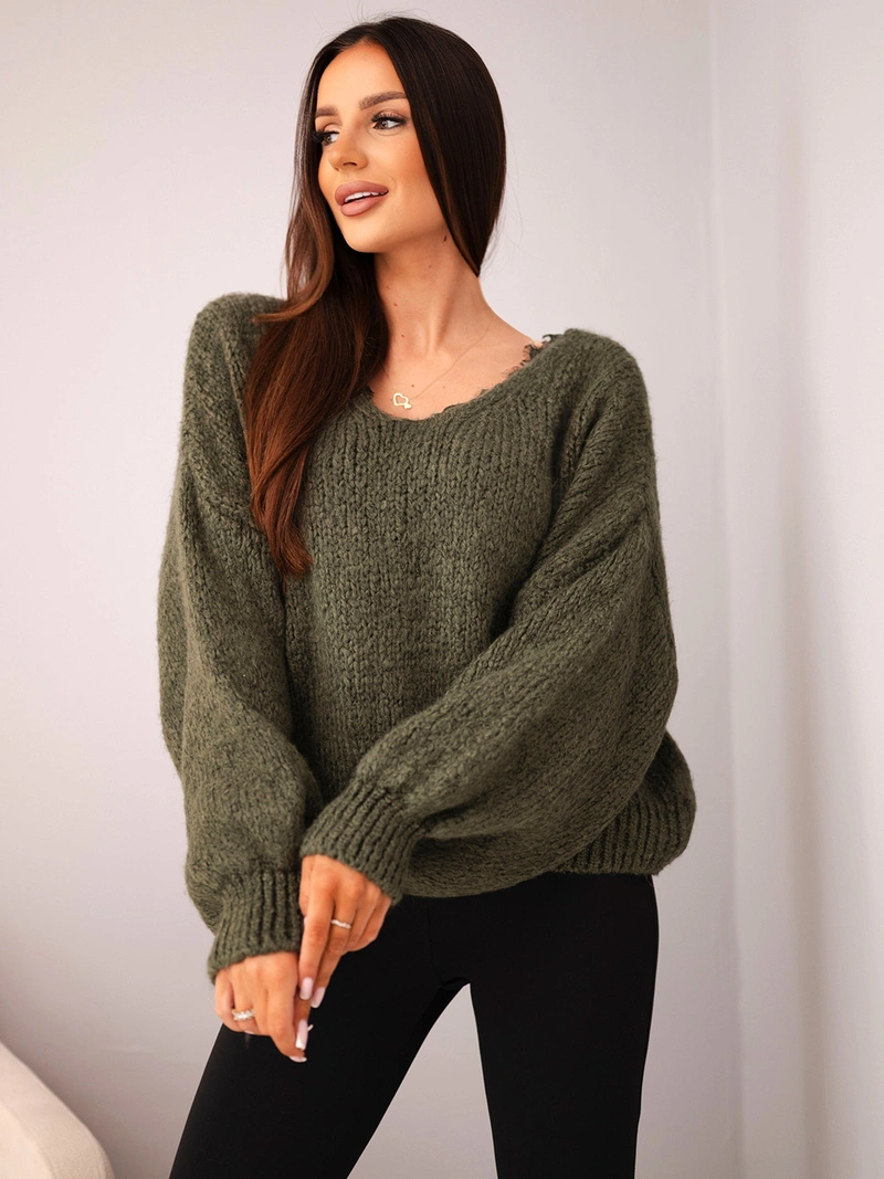 Damenpullover mit Wollanteil lockerer Schnitt khaki