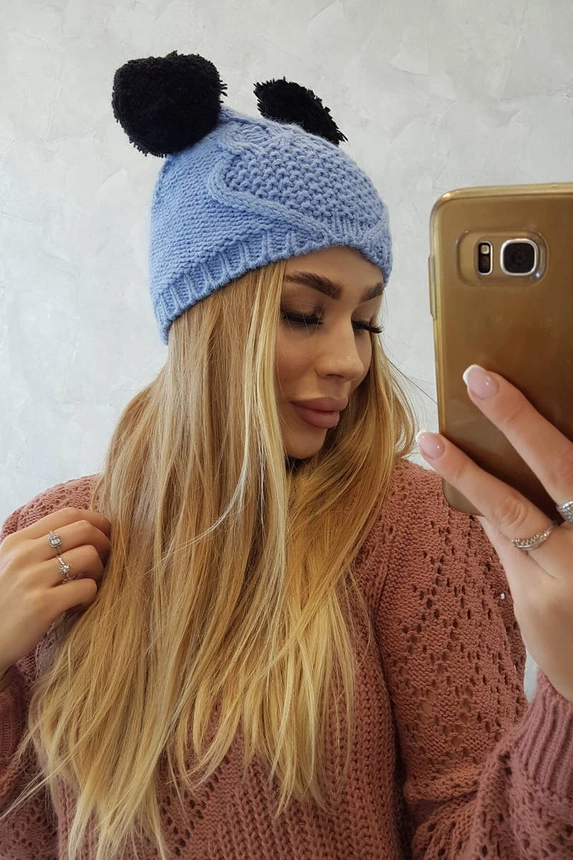 Vilnonė kepurė 2 pomponai K291 mėlyna