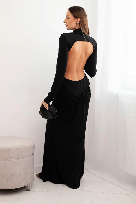 Damenkleid aus Viskose lang mit Rollkragen und offenen Rücken schwarz