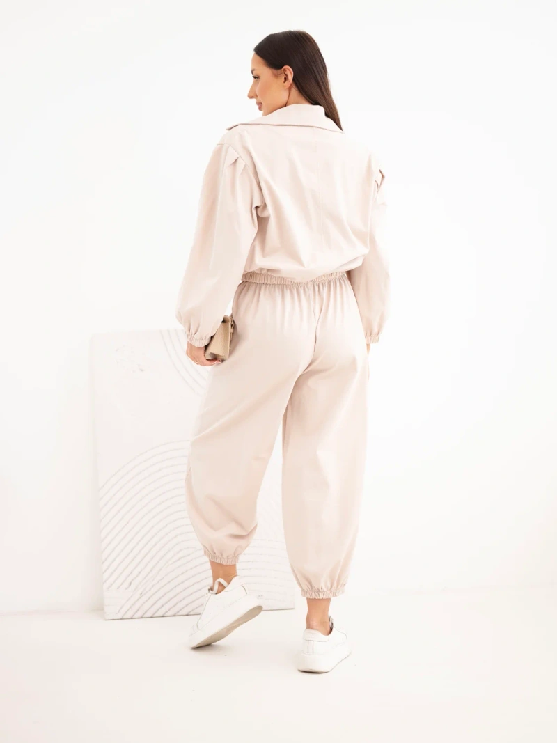 Damen-Set aus Baumwolle mit Kragen und Joggerhose beige