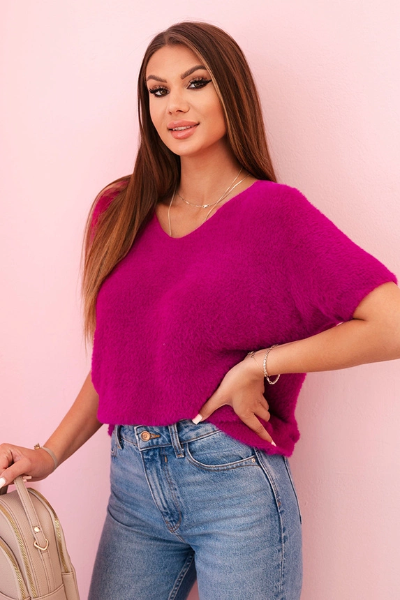 Women's sweater made of soft fluff with a V-neck and short sleeves dark purple