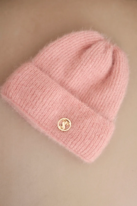 Women's winter fluffy hat with a decorative button light powder pink