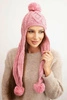 Damen Wintermütze aus Wolle mit Pompons und verlängerten Seiten K448 rosa