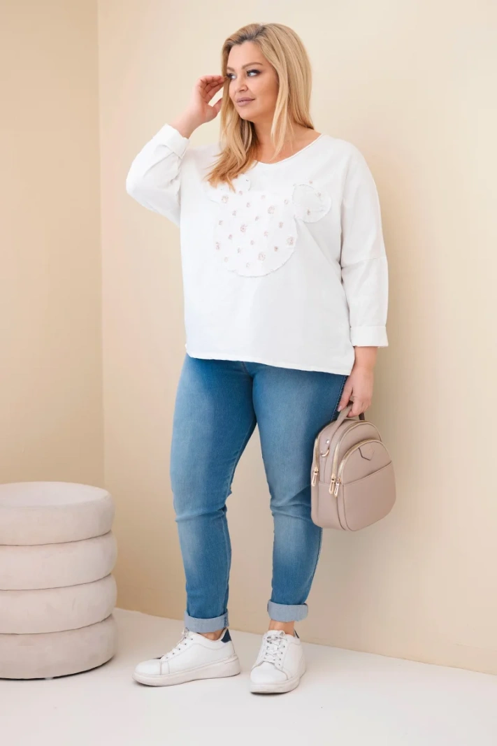 Dámská bavlněná blůza Plus Size s výstřihem do V bílá