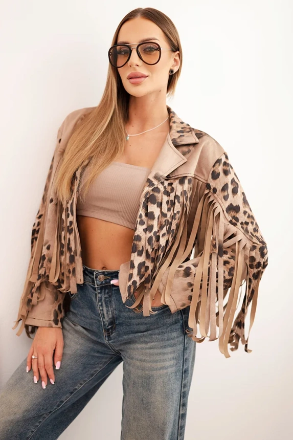 Camel suede women's jacket with fringe in leopard print