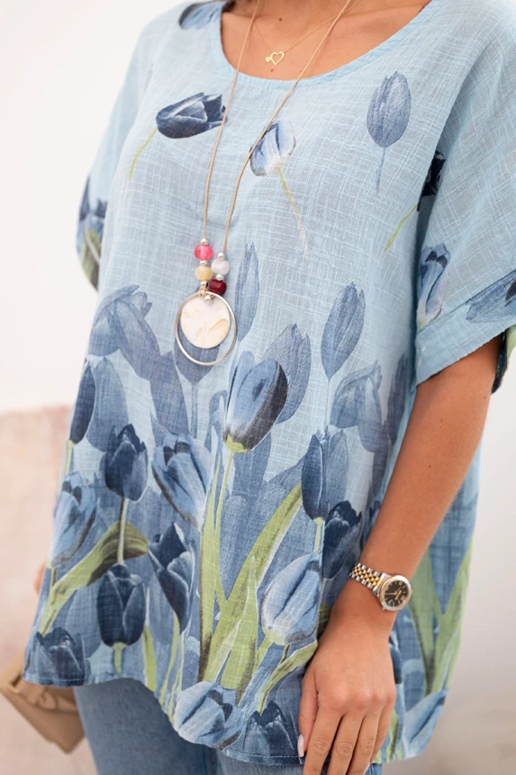 Damenhemd aus Baumwolle mit Blumenmuster blau