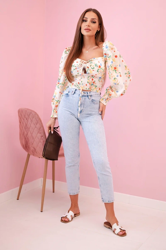 Women's floral Spanish blouse, long sleeve beige