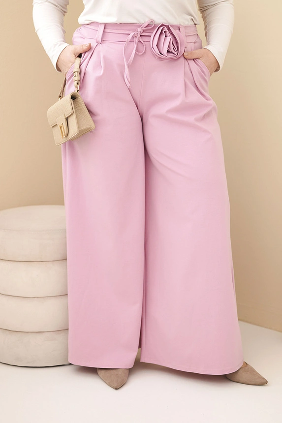 Plus Size women's trousers with wide legs and a decorative flower at the waist dark pink