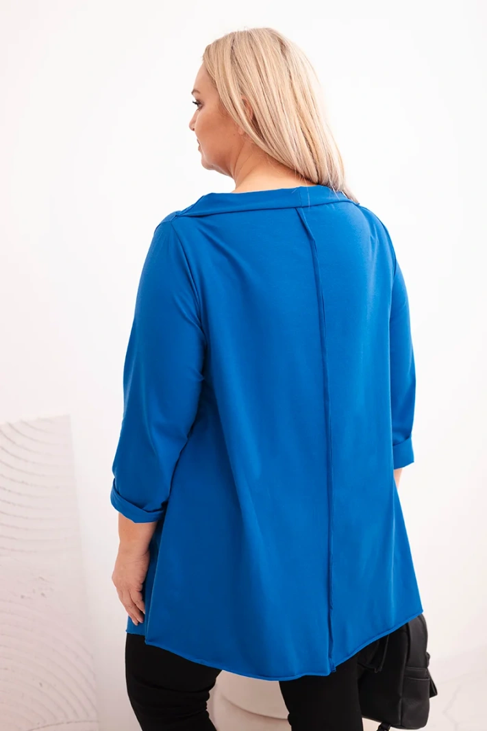 Women's plus size cotton asymmetric blouse with rolled sleeves blue