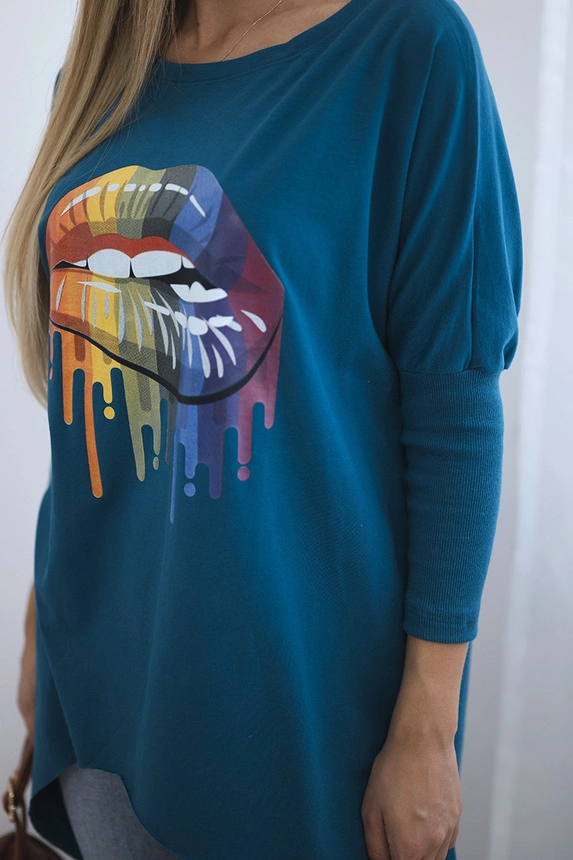 Oversize-Bluse mit Regenbogen-Lippen-Print marine