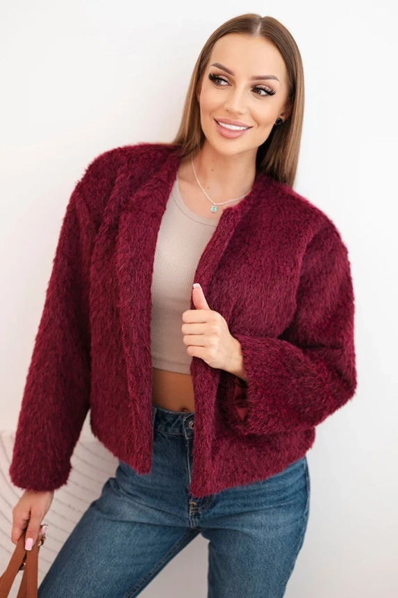 Women's fur jacket without fastenings burgundy