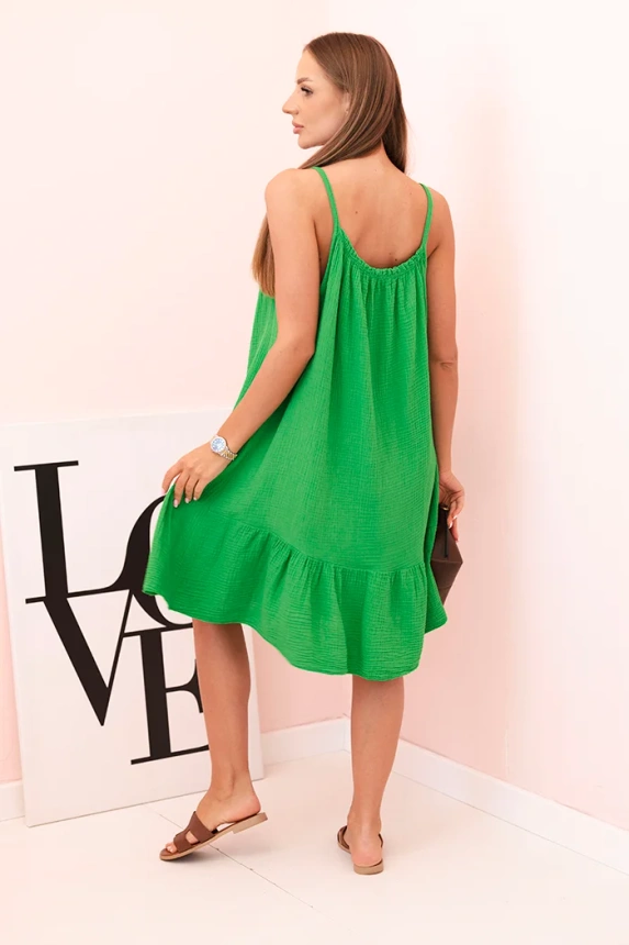 Women's muslin dress with straps and frill green