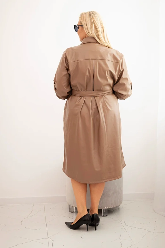 Plus Size women's eco-leather dress with a belt and collar fango