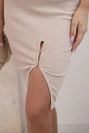 Women's ribbed cotton skirt with a slit and decorative buttons beige