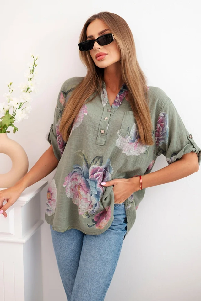 Bluzka damska z bawełny z kwiatowym wzorem khaki