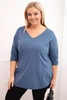 Plus Size women's cotton blouse with a V-neck and rolled-up sleeves denim
