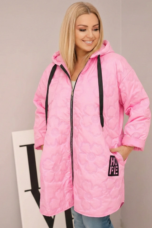 Kurtka damska Plus Size pikowana z kapturem i napisem HOPE jasno różowa