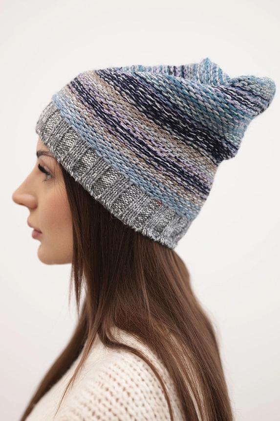 Hat with fleece Krystyna K207 sea+gray