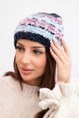 Women's winter hat with colorful yarn and elastic ribbing K352 navy blue + dark pink