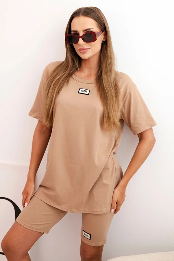 Damen-Set aus Baumwolle mit kurzen Ärmeln und Shorts Kamel