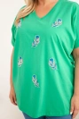 Bluzka damska bawełniana Plus Size z piórkami zielona