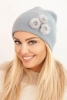 Women's hat with decorative fur flowers elegant gray