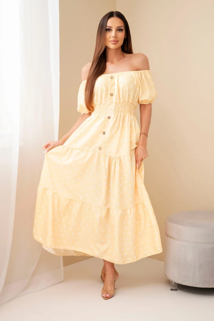 Women's viscose midi dress with polka dots and a ruched waist yellow