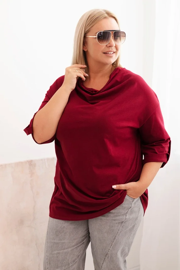 Dámska blúzka Plus Size s bavlnou vo voľnom strihu s vodným výstrihom bordová