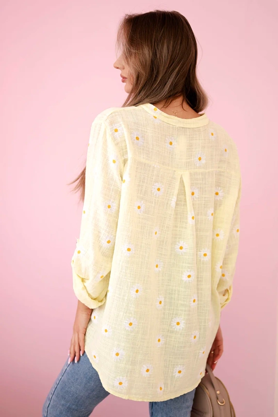 Linen Women's Blouse with Floral Pattern, Long Sleeves, and Buttons Yellow