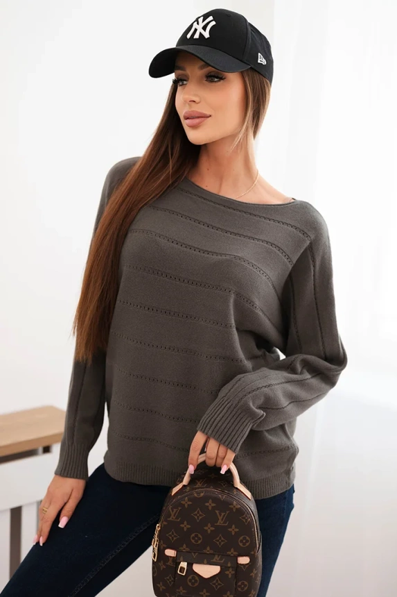 Women's viscose sweater with lace pattern and long sleeves khaki