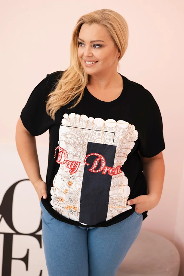 Bluzka damska bawełniana Plus Size z nadrukiem Day Dream czarny + granatowy