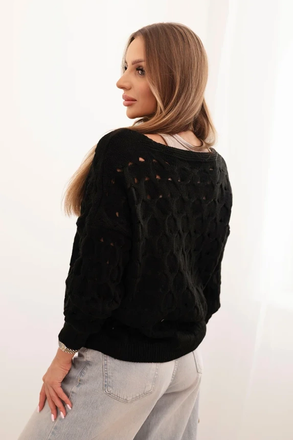 Women's openwork sweater with a V-neck and gold buttons black