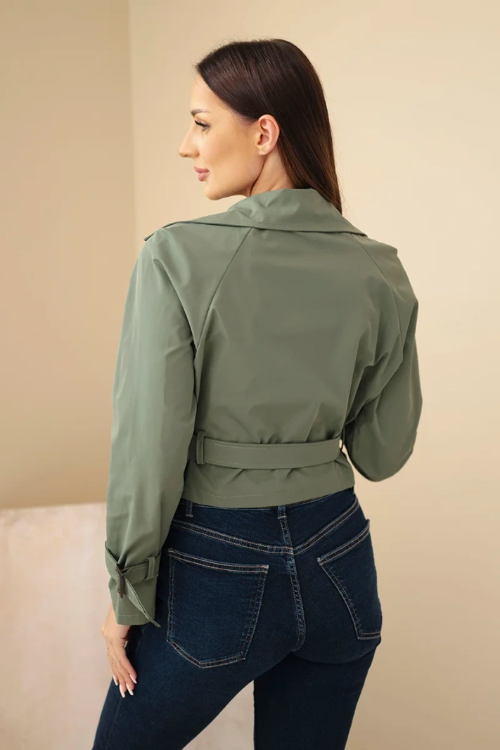 Women’s viscose short double-breasted jacket with belt and lapels khaki
