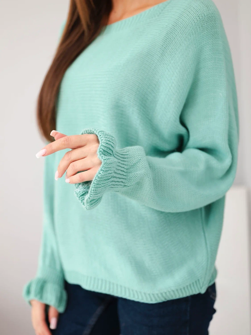 Women's mohair sweater with ruched sleeves and back cutout dark mint