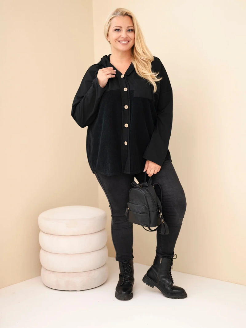 Dámská bavlněná mikina Plus Size s kapucí a knoflíky černá