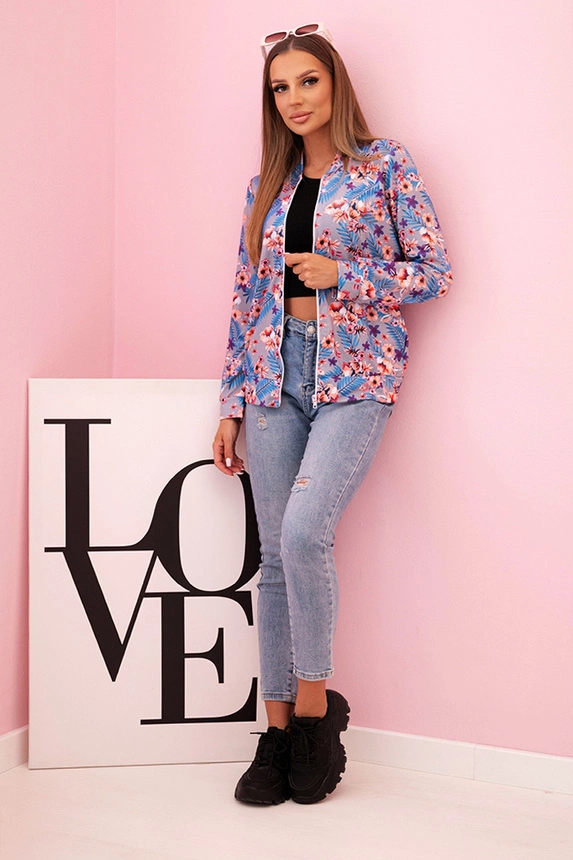 Women's zip-up hoodie in floral pattern gray