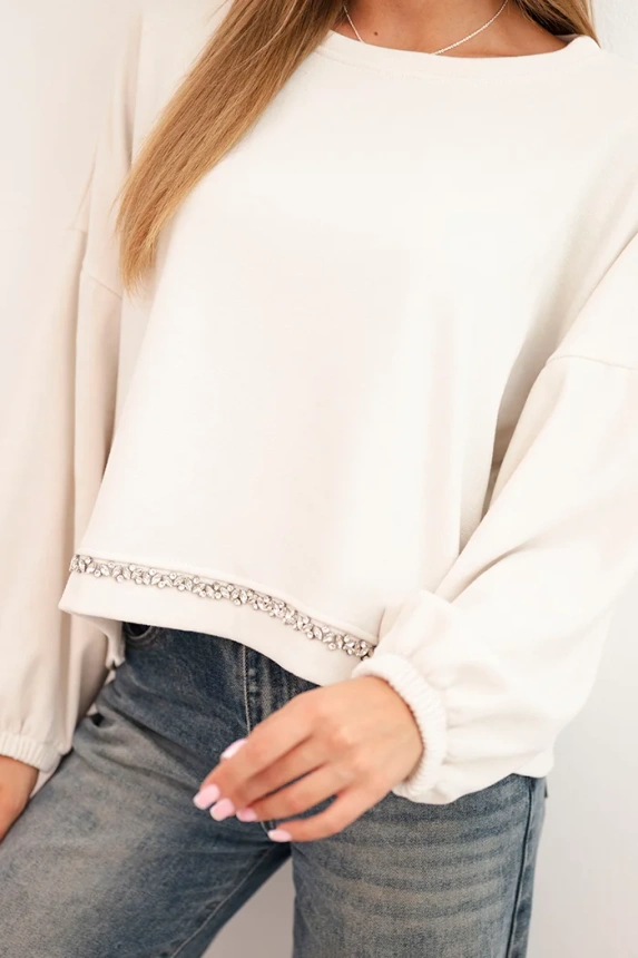 Women's sweatshirt with decorative finishing at the bottom ecru