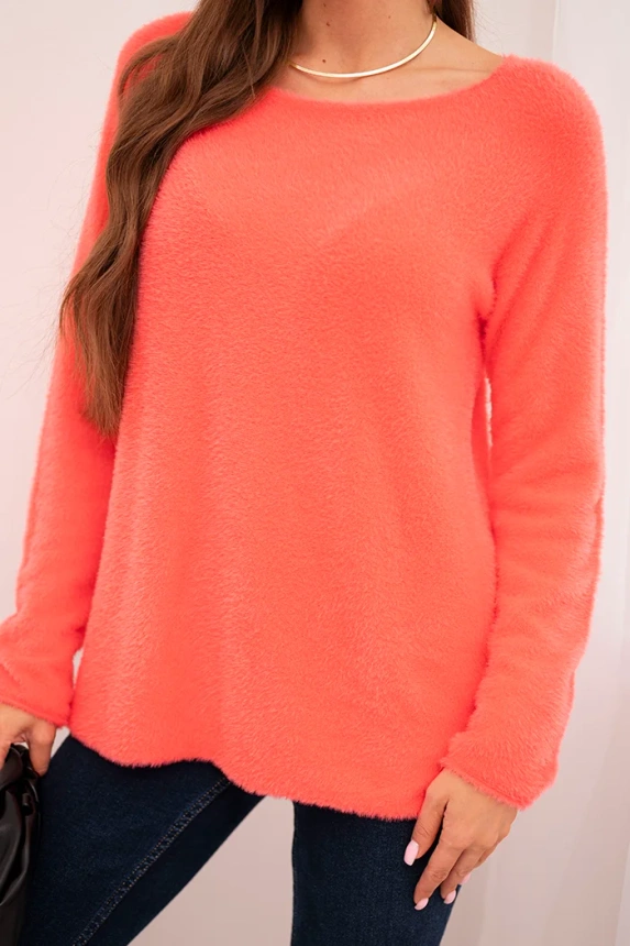 Women's sweater made of soft knit with a round neckline coral