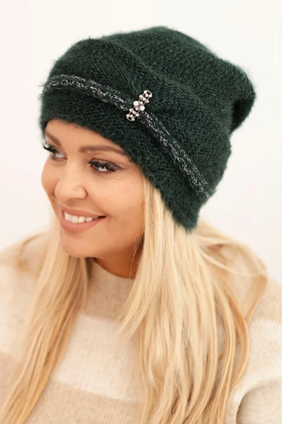 Women's winter fluffy hat with pearls and decorative braid dark green