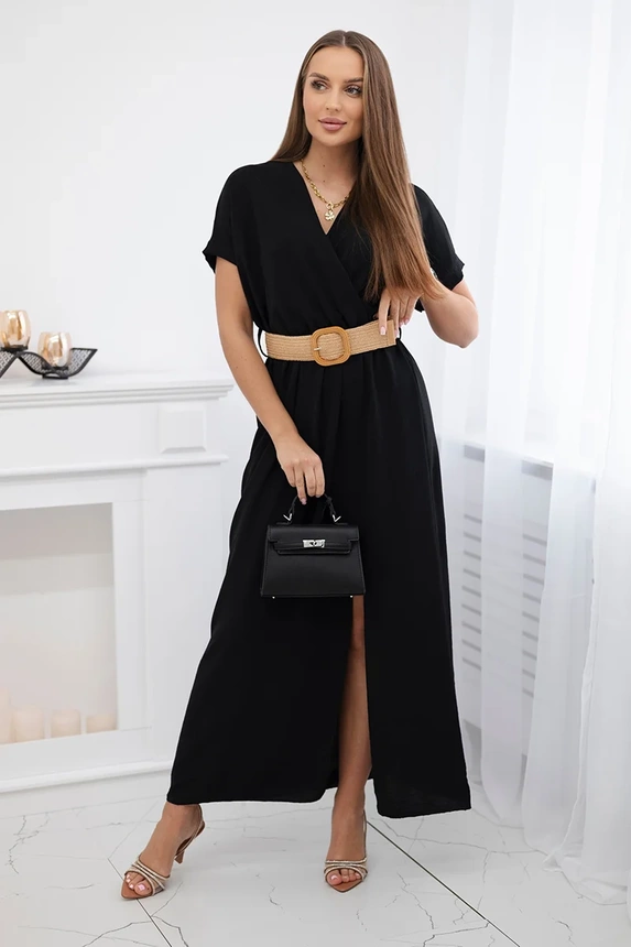 Langes Kleid mit Ziergürtel schwarz