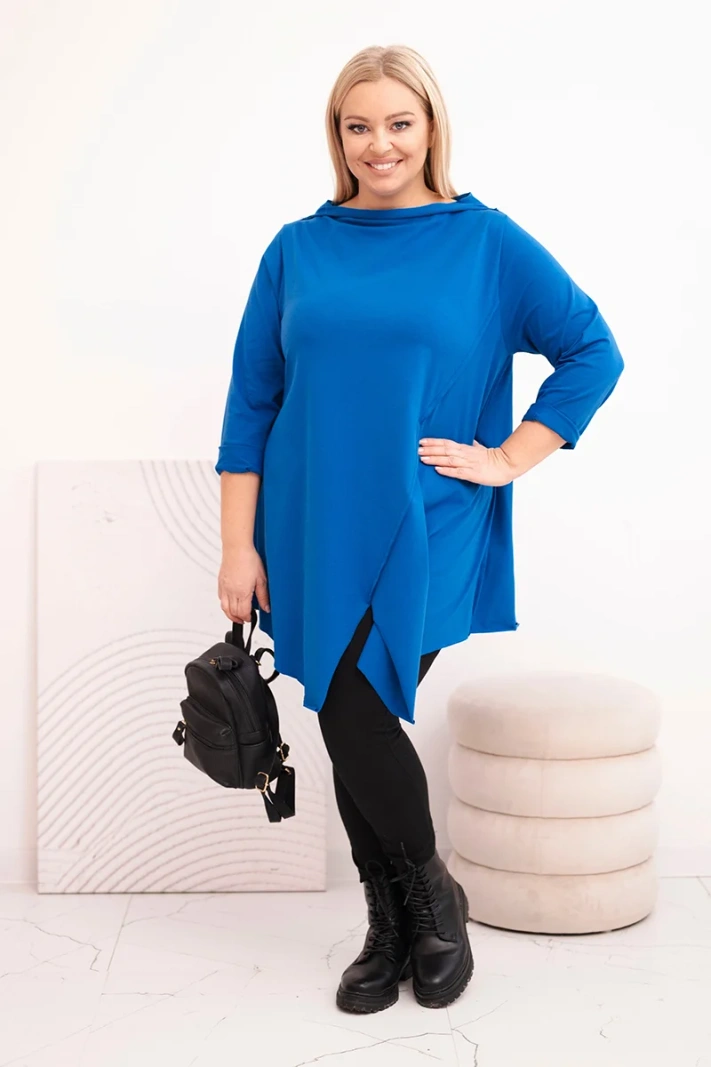 Women's plus size cotton asymmetric blouse with rolled sleeves blue