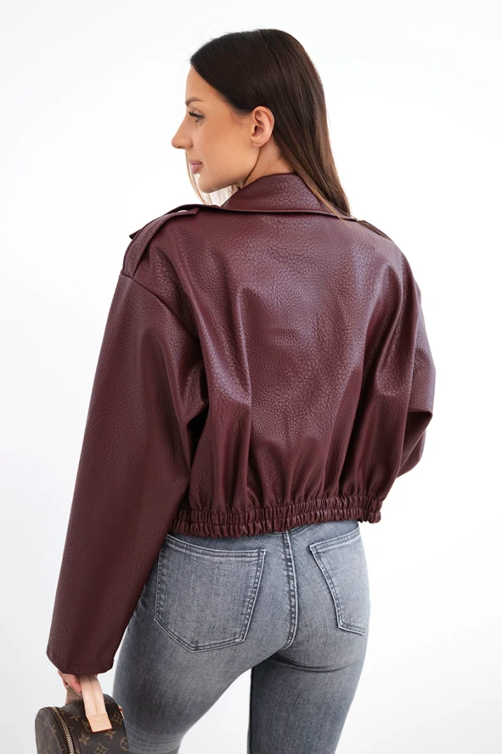 Women's faux leather biker jacket with zipper burgundy