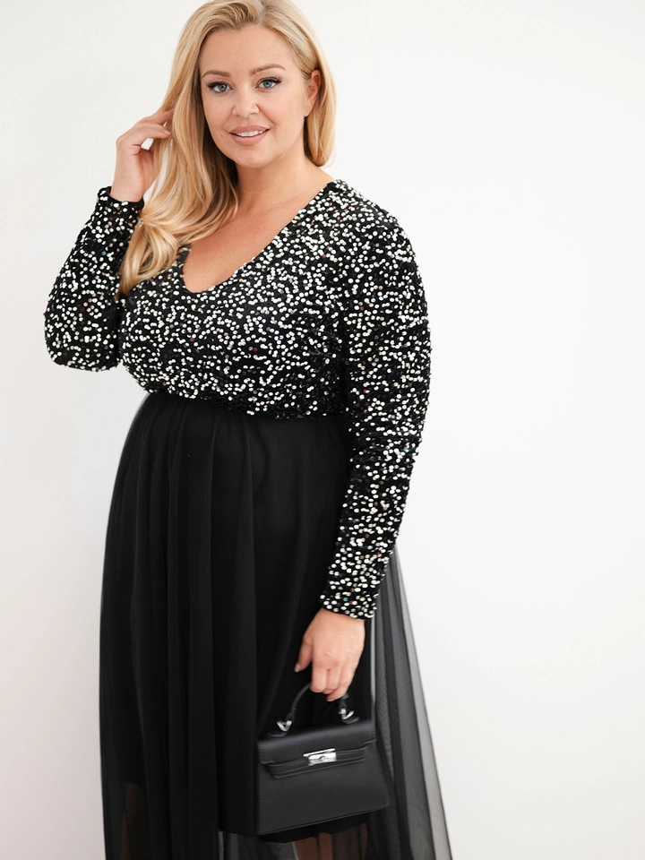 Sukienka damska Plus Size z cekinami z dodatkiem wiskozy czarna+srebrna