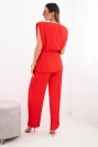 Women's pleated viscose two-piece set with a tie-front blouse and wide-leg trousers red