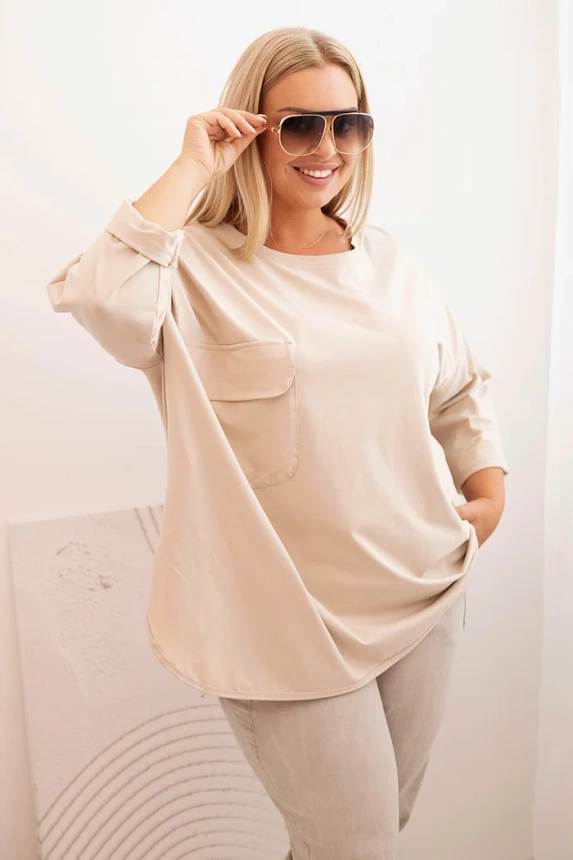 Moteriška Plus Size marškinėliai su kišene ir sukamu rankovėmis bežinė