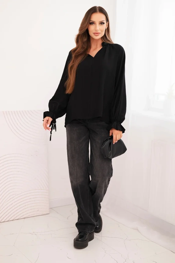 Women's viscose blouse with a V-neck and tie at the sleeves black