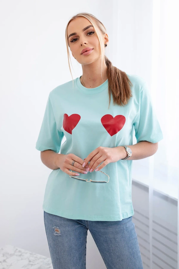 Baumwollbluse mit Herz-Print helle Minze