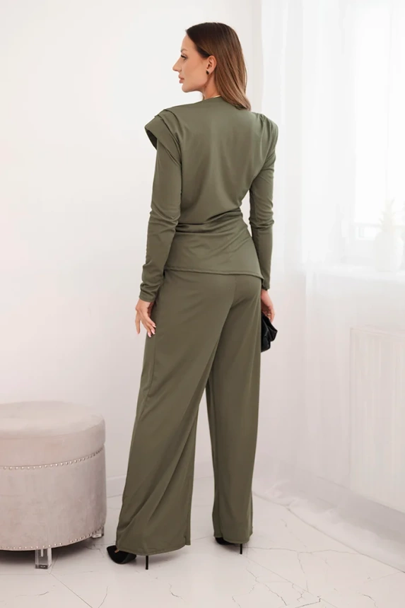 Damen Baumwollset mit Bluse und Hose mit weitem Bein khaki